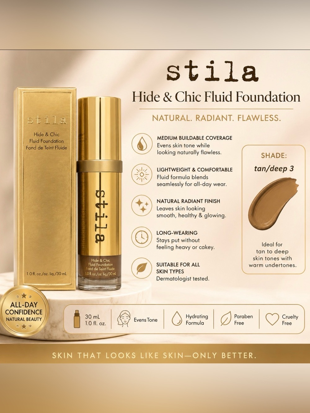 Stila Hide & Chic Fluid Foundation Tan/Deep 3-1 fl oz NIB